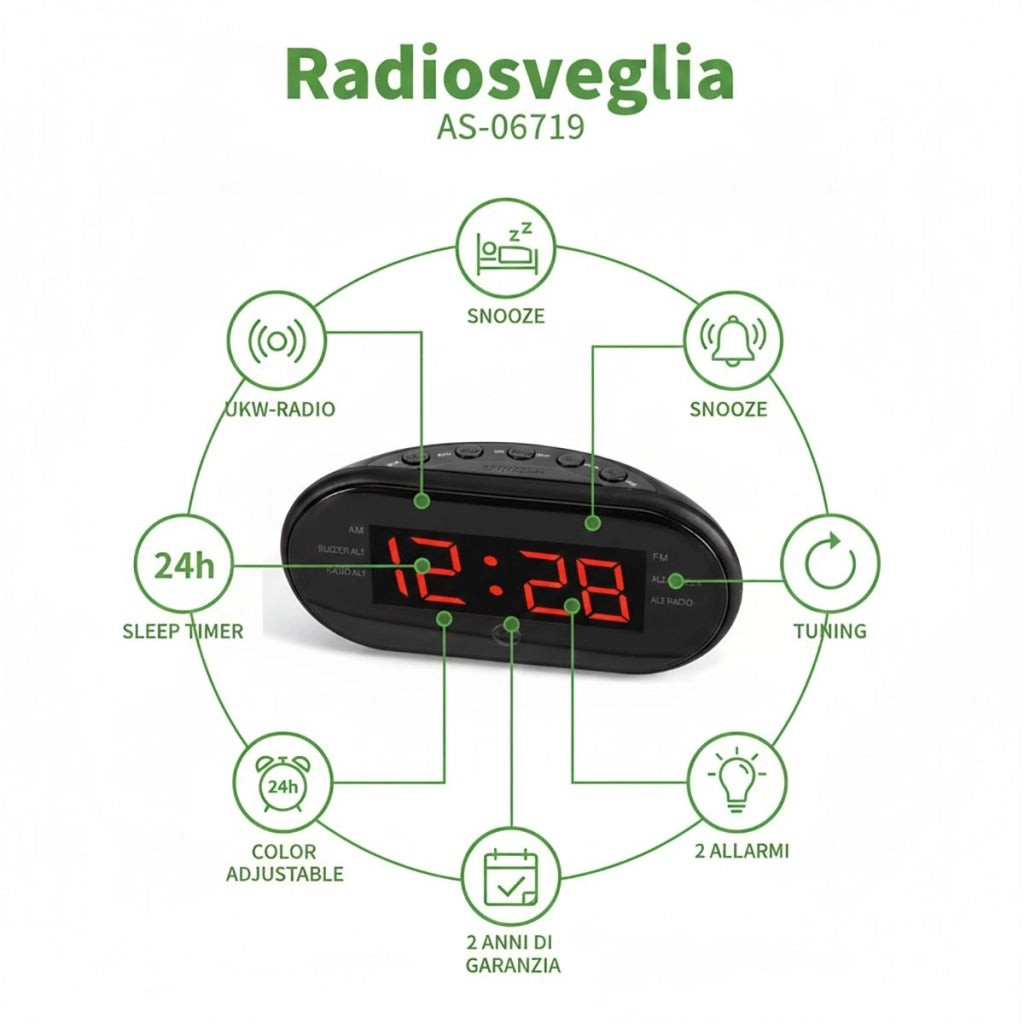 RADIO SVEGLIA DIGITALE DISPLAY LED ROSSO RADIOSVEGLIA OROLOGIO COMODINO FM 06719