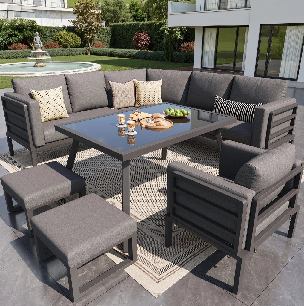 Salotto da giardino modulare; 8 posti con cuscini da 8 cm; ferro e vetro; grigio