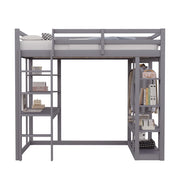Hochbett 140×200 cm e 90×200 cm con scrivania; ripiani; scala e guardaroba; senza materasso; legno; grigio