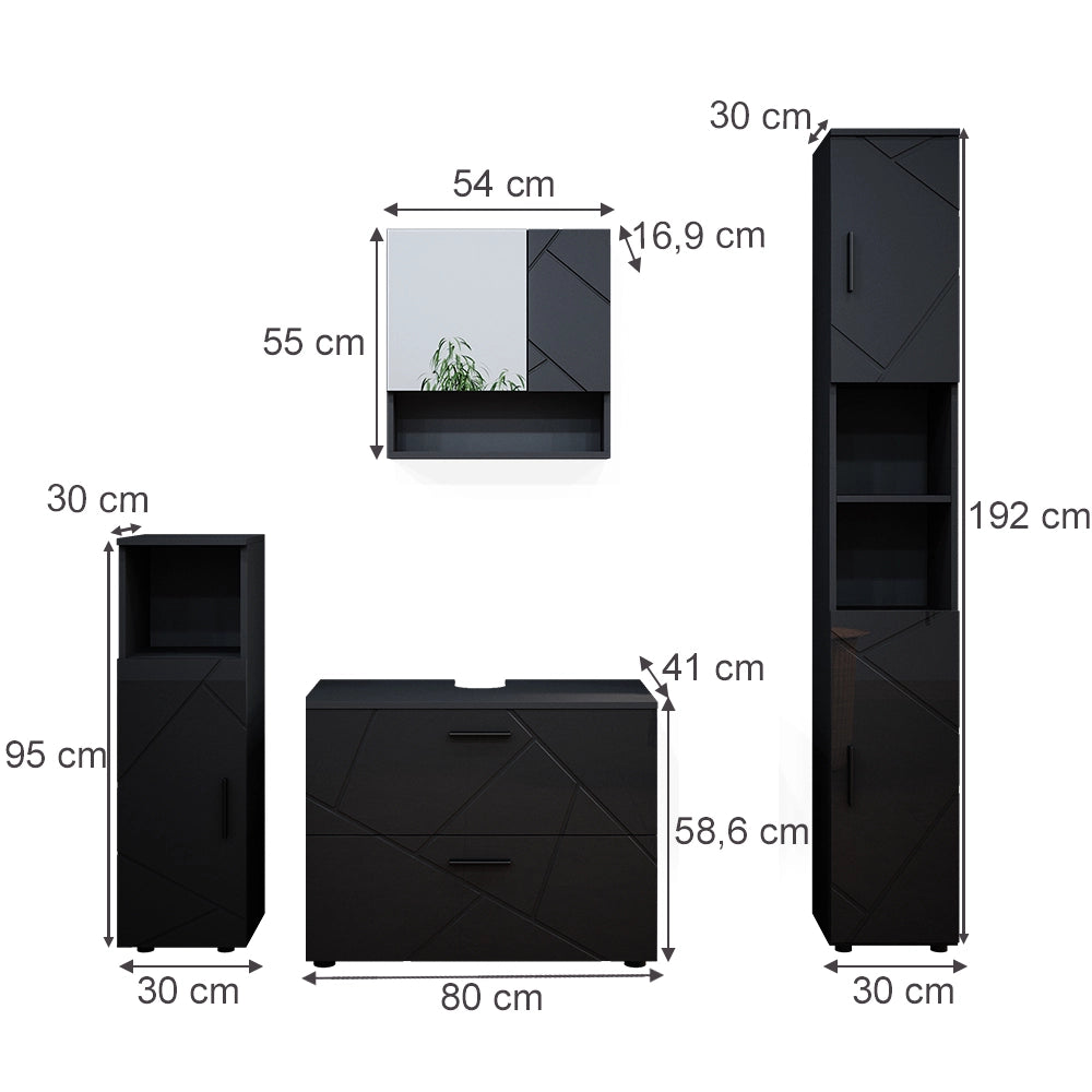 Vicco Set mobili bagno Antracite lucido 4 parti, con cassettiera e colonna
