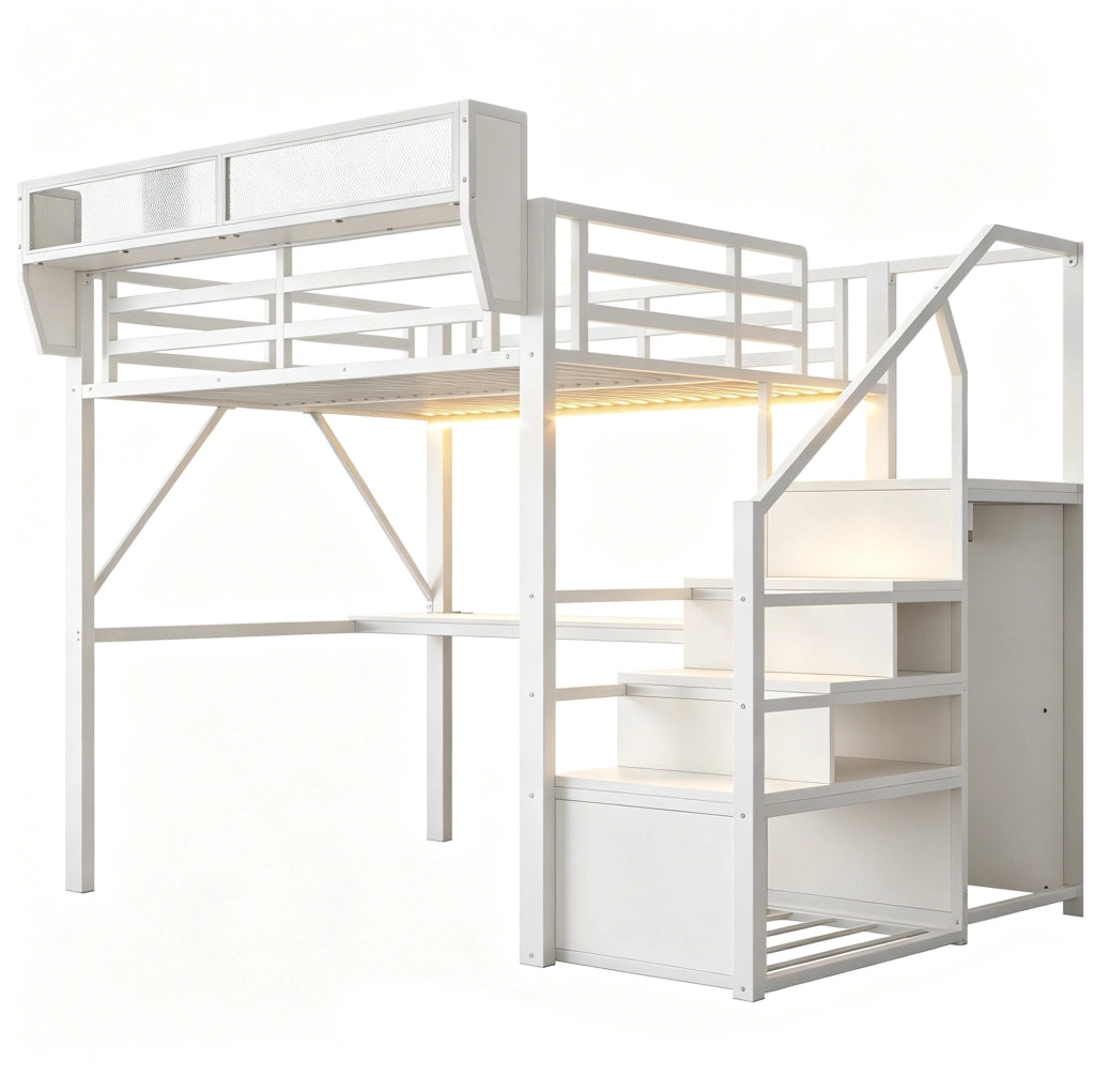 Letto a soppalco 140x200 cm in metallo con scrivania; striscia LED; scala e ripiani; bianco