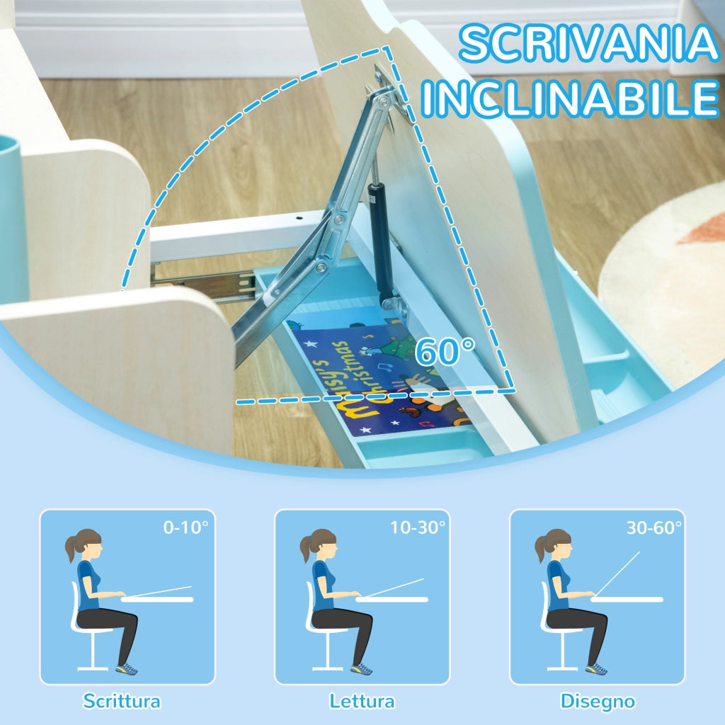 Scrivania Regolabile per Bambini con Sedia ¨C zephmum ¨C Azzurro, Legno e Metallo, 90x50x75 cm