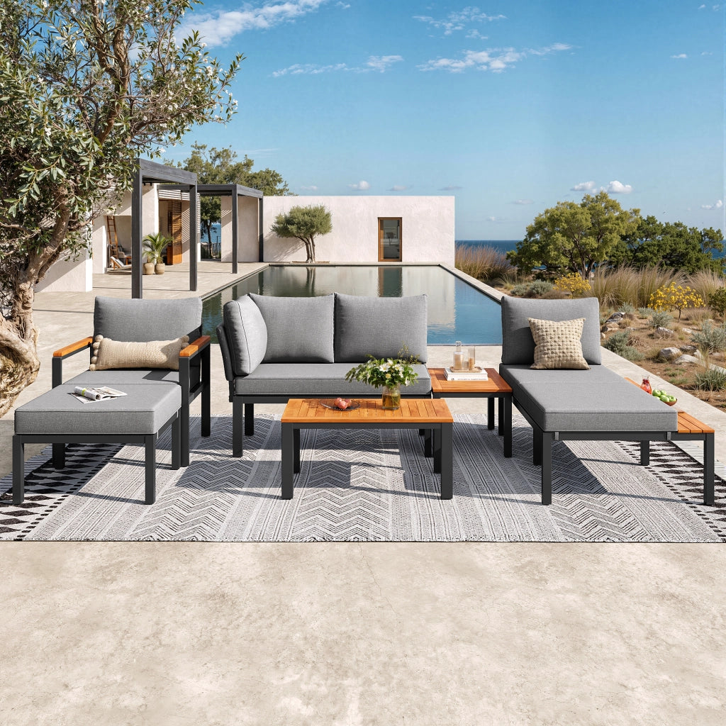Set Divano da Giardino Modulare ¨C Xylo ¨C Polyrattan Grigio con Cuscini e Tavolino in Legno