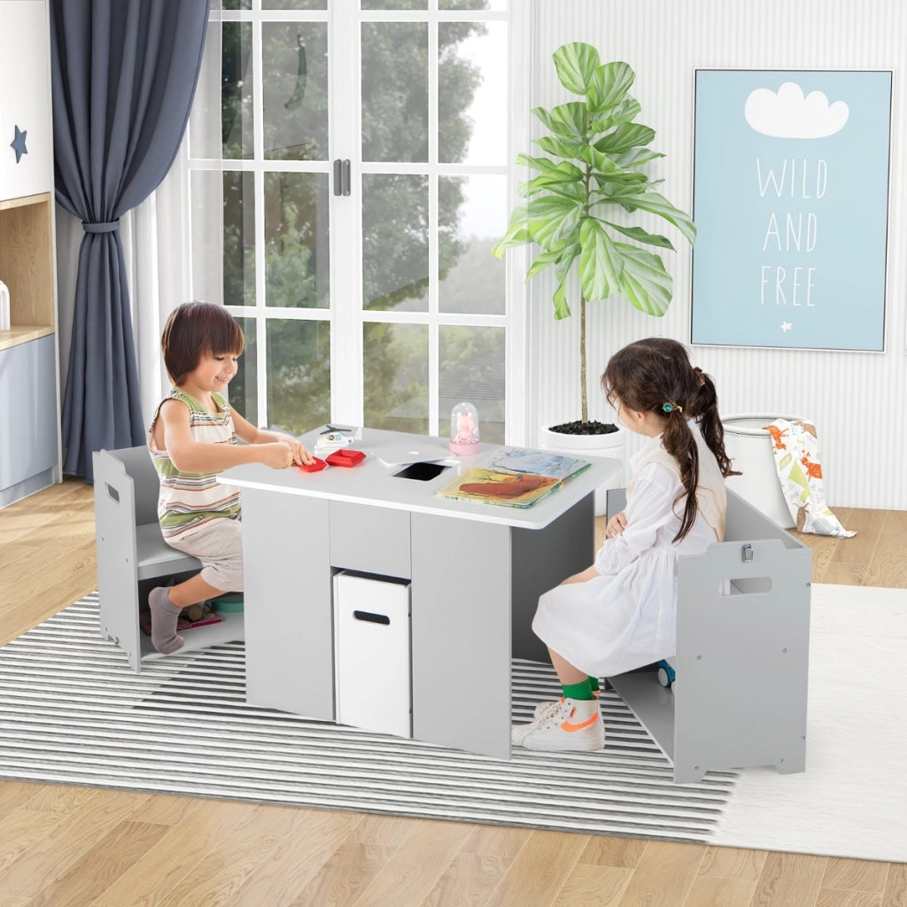 Set tavolo e 2 sedie impilabili per bambini 3+ anni, Tavolo di attivit¨¤ con coperchio rimovibile contenitore Grigio-Tavoli e sedie