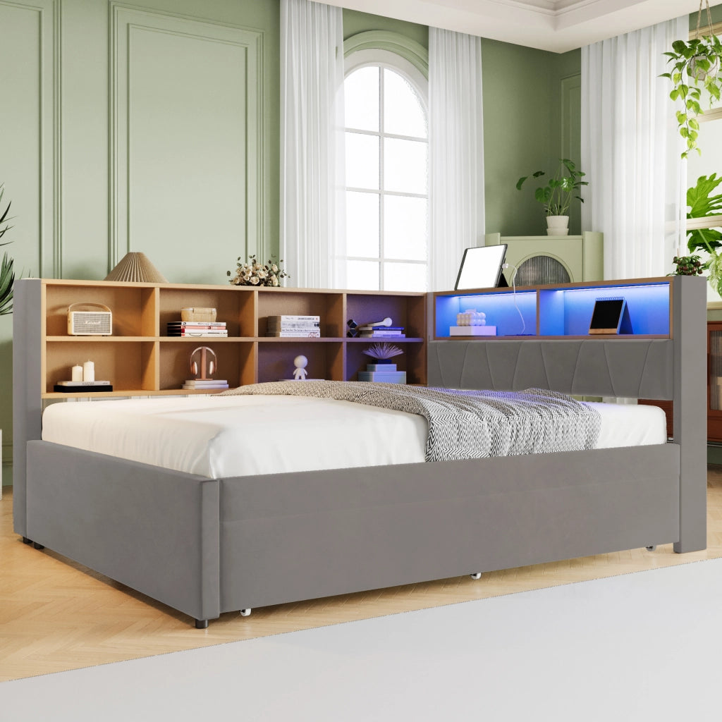 OKWISH Letto Divano 140×200 cm e 90×190 cm, Letto 2 Posti con LED, USB, Tipo C e VanI Portaoggetti, senza Materasso, in Flanella, Grigio Scuro