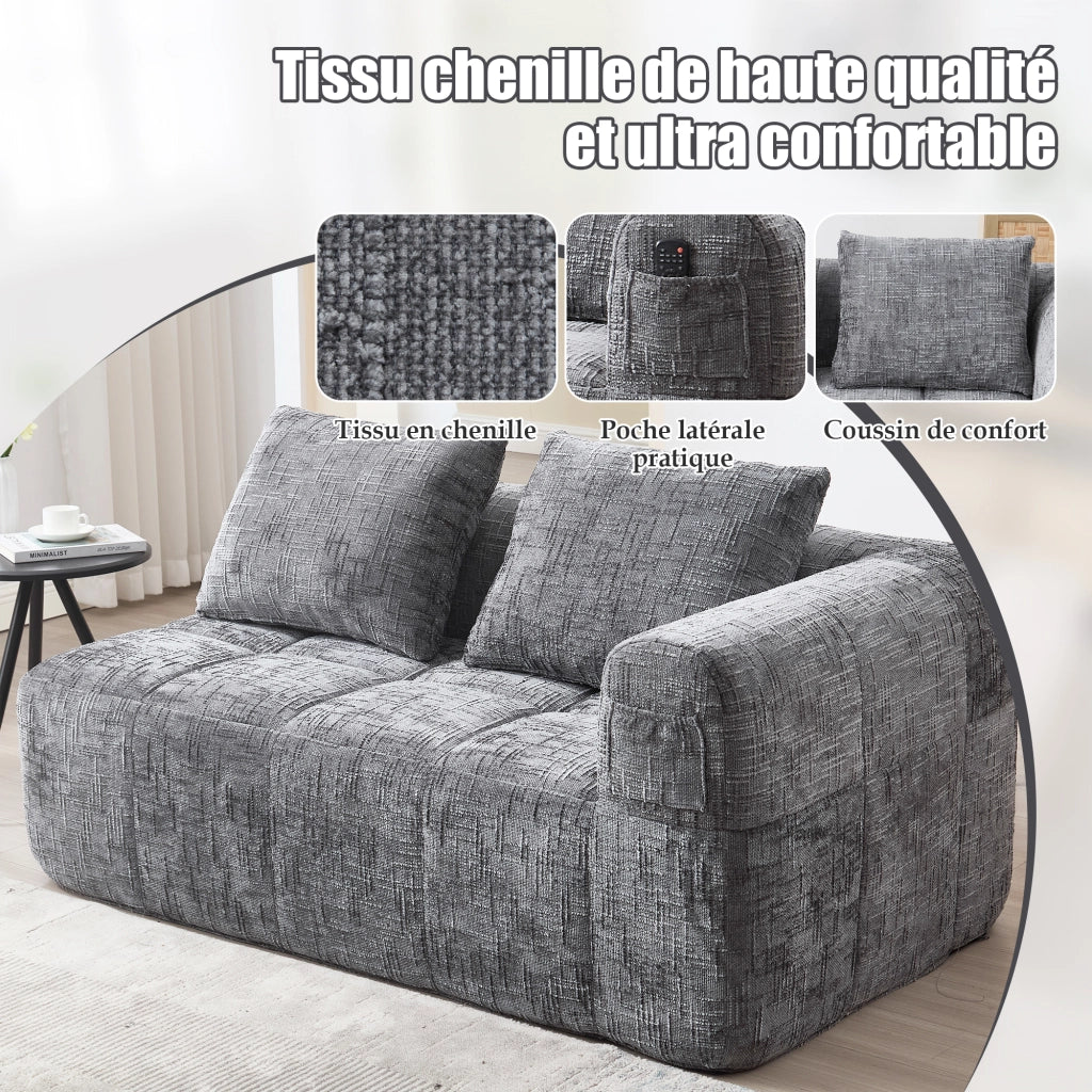 Divano a 2 Posti con Chaise Longue; Cuscino e Tasche Laterali; in Ciniglia; Grigio; 158 × 90 × 60 cm