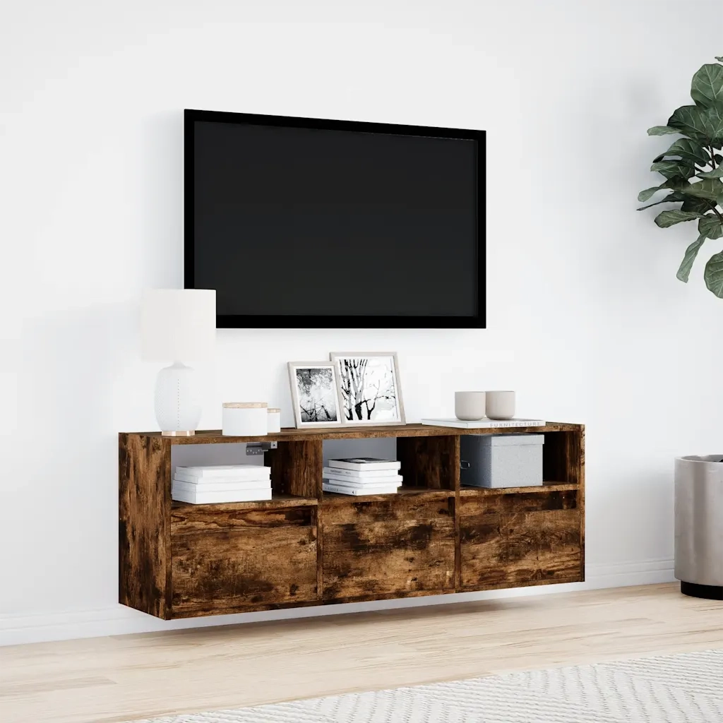 Mobile TV a Parete con Luci LED Rovere Fumo 130x31x45 cm 852345