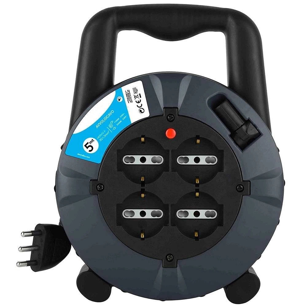 Trade Shop - Prolunga Elettrica Cavo 5 Mt Avvolgicavo ​4 Prese Schuko Polivalenti Spina 16a -