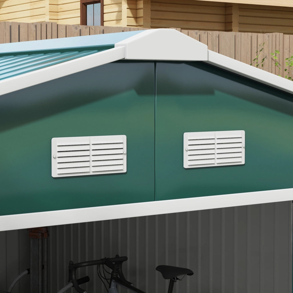 Casetta da giardino in acciaio 340 x 386 x 200 cm con porte scorrevoli e base zincata, verde scuro