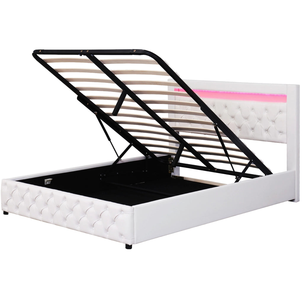 Letto imbottito 160x200 cm; contenitore e LED; PU bianco (Senza materasso)