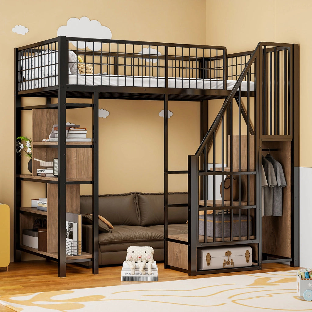 Letto a soppalco 90 x 200 cm con scala contenitore e ripiani nero