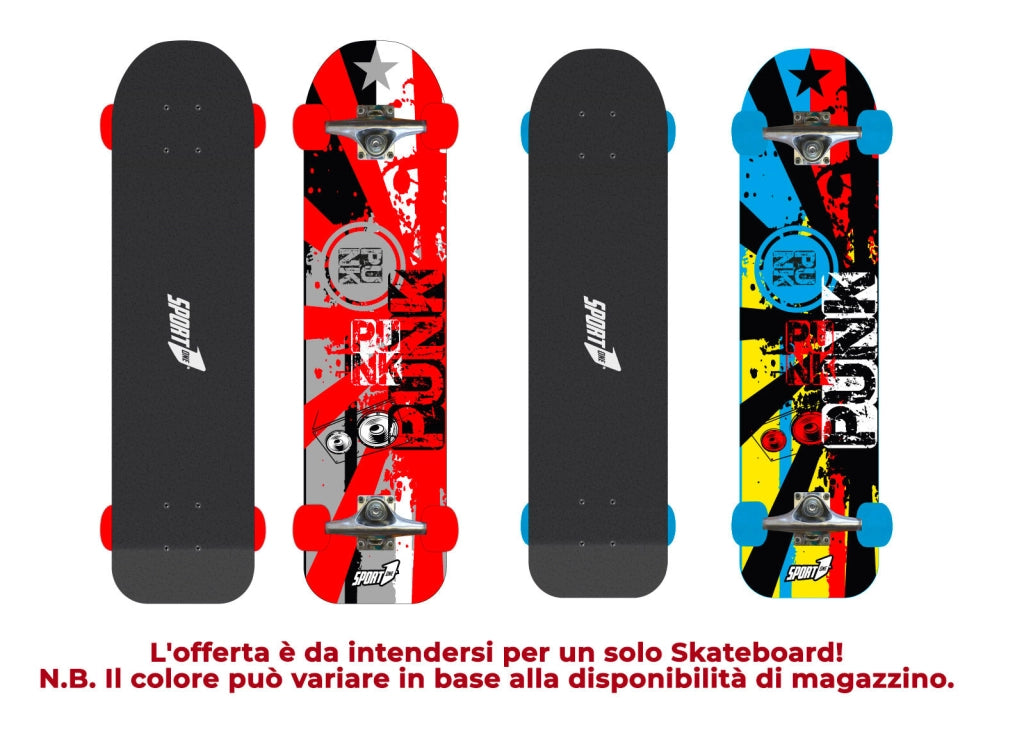Skateboard con Tavola 76 cm in Legno Punk Rosso Azzurro