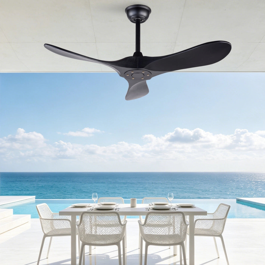 Ventilatore da soffitto nero design moderno 52 pollici, 3 pale legno massello, senza illuminazione, motore DC reversibile silenzioso