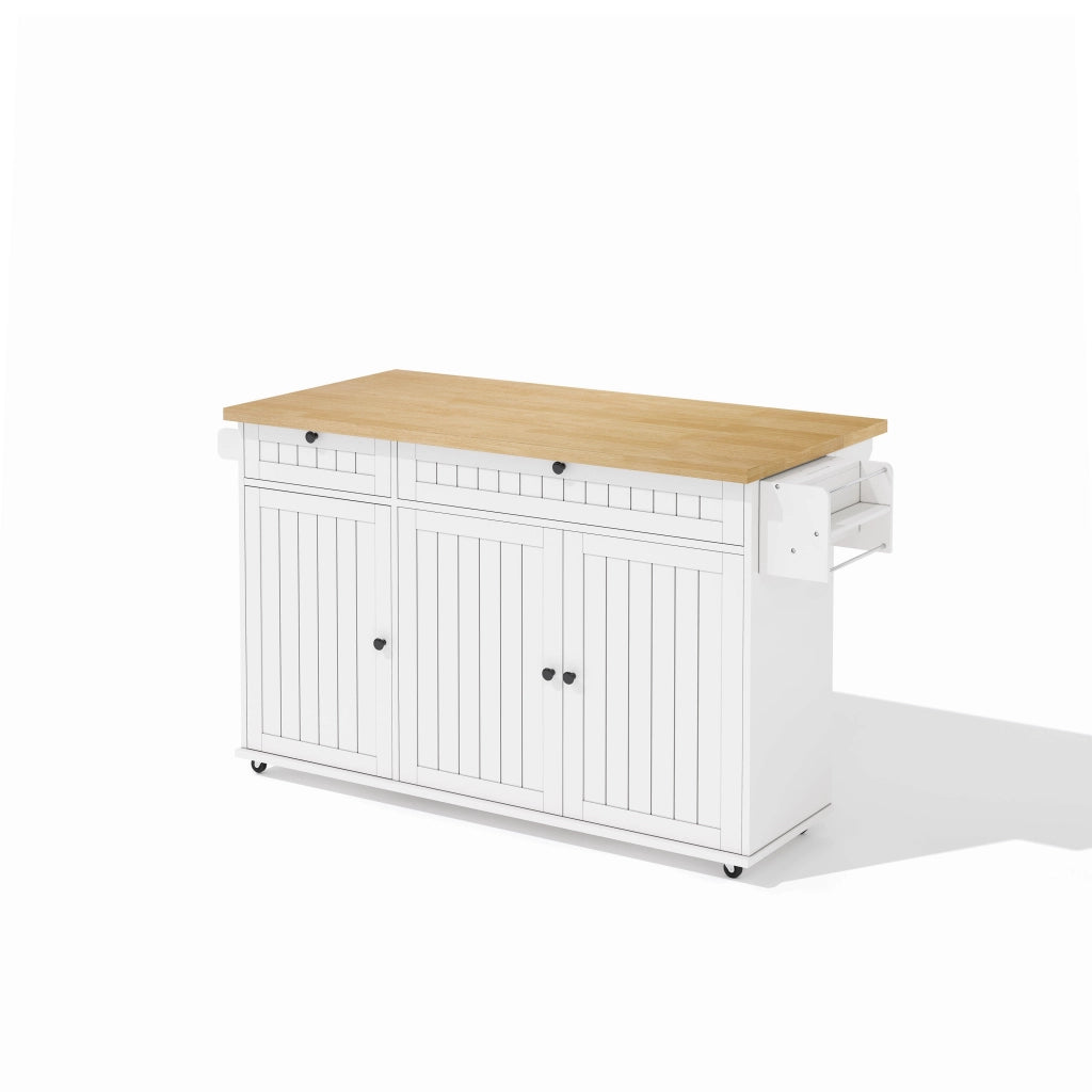 Isola da Cucina Mobile 137x45/70x89,5 cm Bianca e Legno con Piano Ribaltabile, 2 Cassetti e 6 Ruote