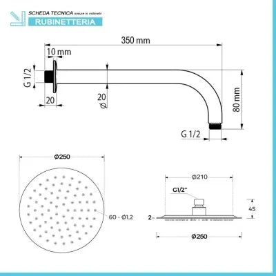 Set doccia incasso cromato con braccio e soffione ultra slim in acciaio  Dalila