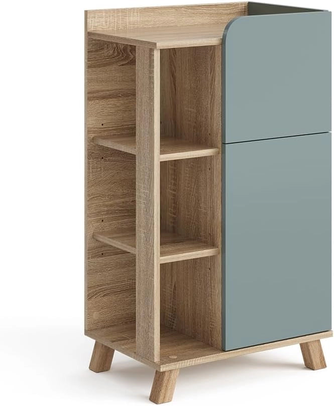 Mobiletto bagno Karen, Sonoma/blu, 50 x 90 cm con anta e cassetto, adatto per la conservazione di articoli da bagno e asciugamani