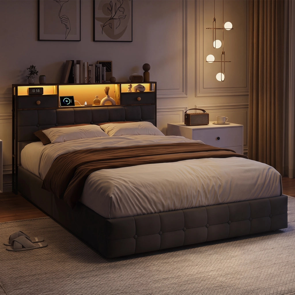 Letto una piazza e mezza 140x200 cm con contenitore LED USB Type-C testiera rete a doghe velluto metallo - grigio