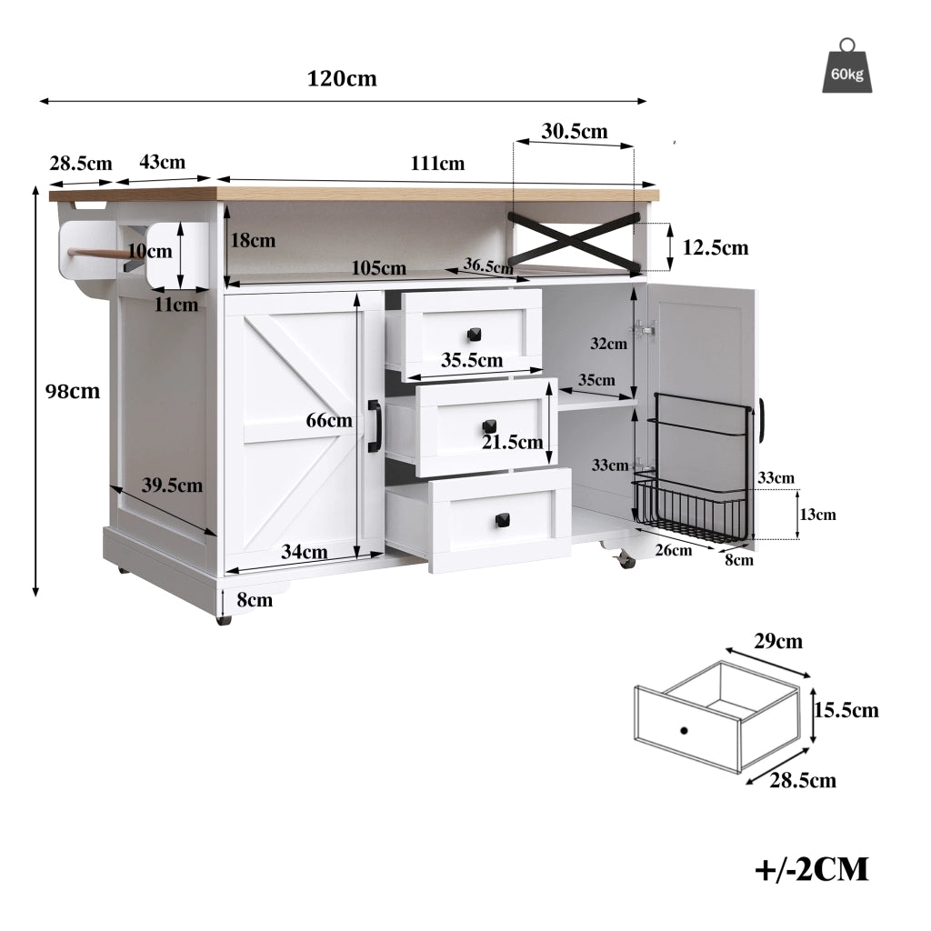 OKWISH Carrello da cucina con piano pieghevole, vani portaoggetti su due lati, luce led e ruote, per cucina e soggiorno, MDF, Bianco