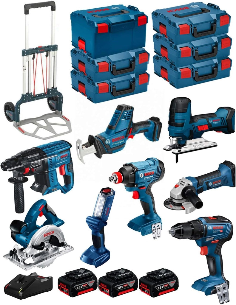 BOSCH Kit 18V BK802 (GST 18 V-LI S+ GKS 18 V-LI+ GBH 18V-21+ GWS 18-125 V-LI+ GSR 18V-55+ GSA 18 V-LI C+ GDX 18V-180+ GLI 18V-300+ 3 Batteries 5,0Ah + Caricabatterie + 5xL-Boxx136 + L-Box238 +Caddy)