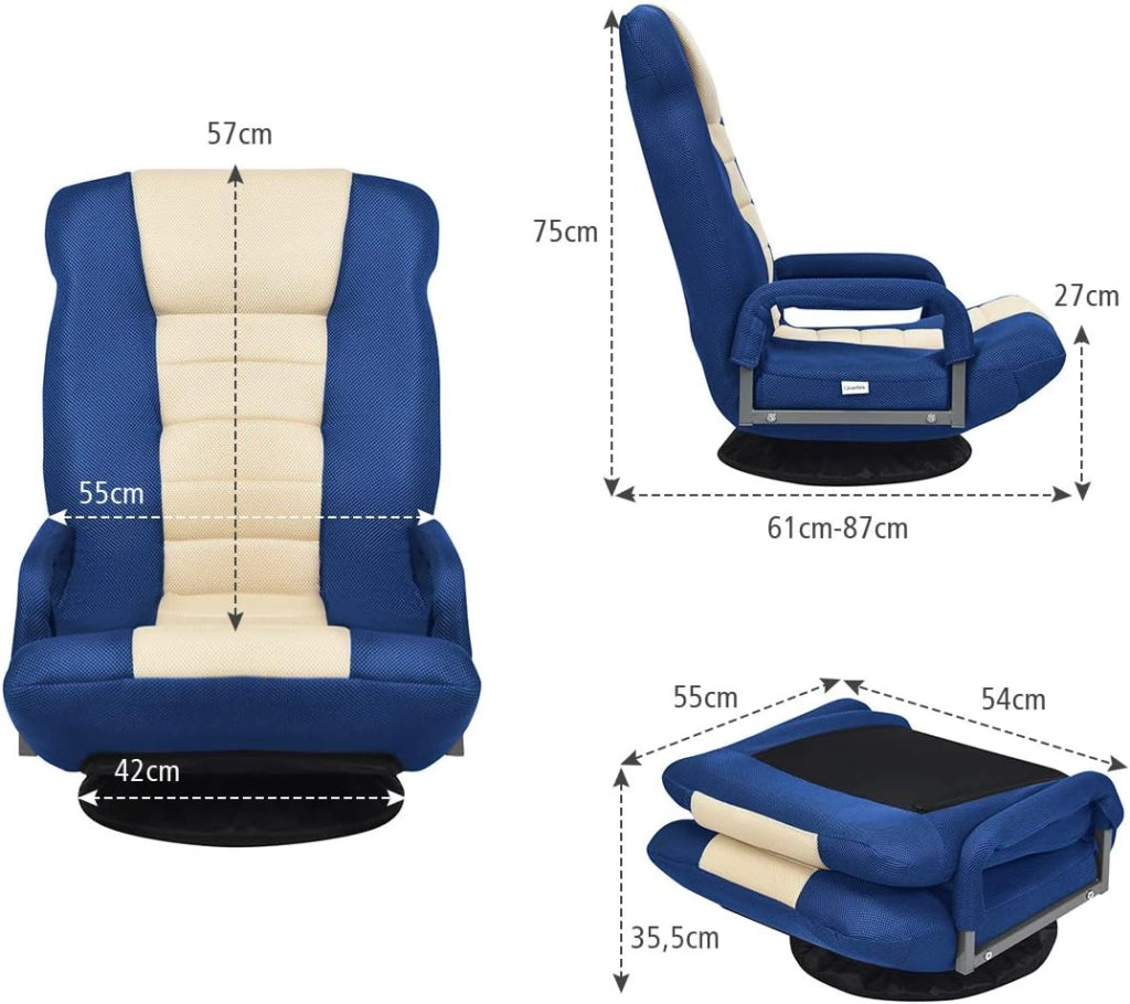 Poltrona da Pavimento, Pieghevole e Girevole, Reclinabile a 5 Livelli, Imbottita da Spugna, Portata di 150 kg, Ideale per Salotto e Ufficio, 55x87x75 cm, 2 Colori Disponibili (Blu)