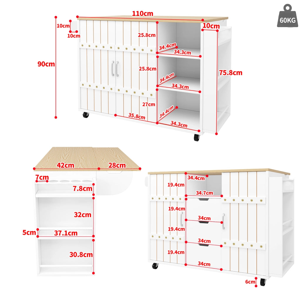Isola da cucina 110x42x90 cm con piano ribaltabile; 3 cassetti; ante scorrevoli; MDF bianco