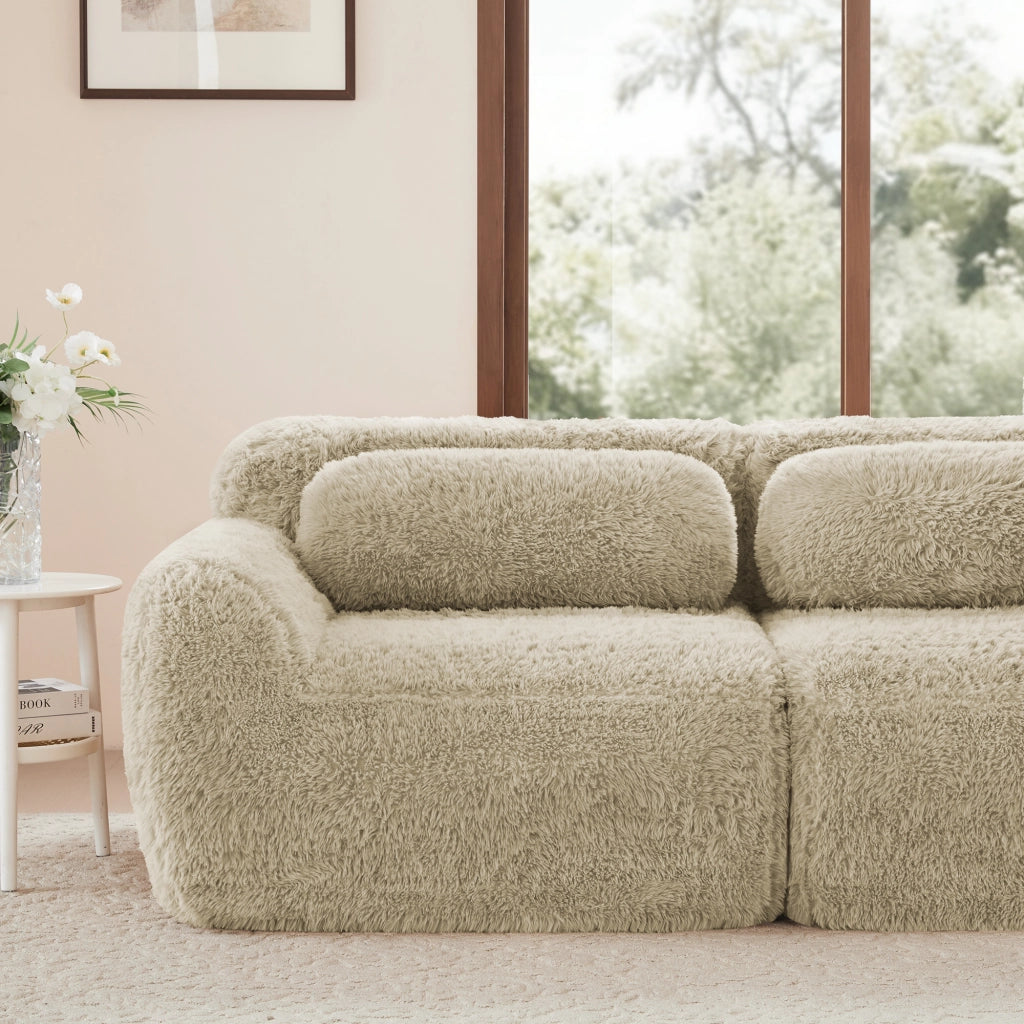 Divano modulare senza braccioli con cuscino in tessuto peluche, seduta ampia, beige cachi chiaro