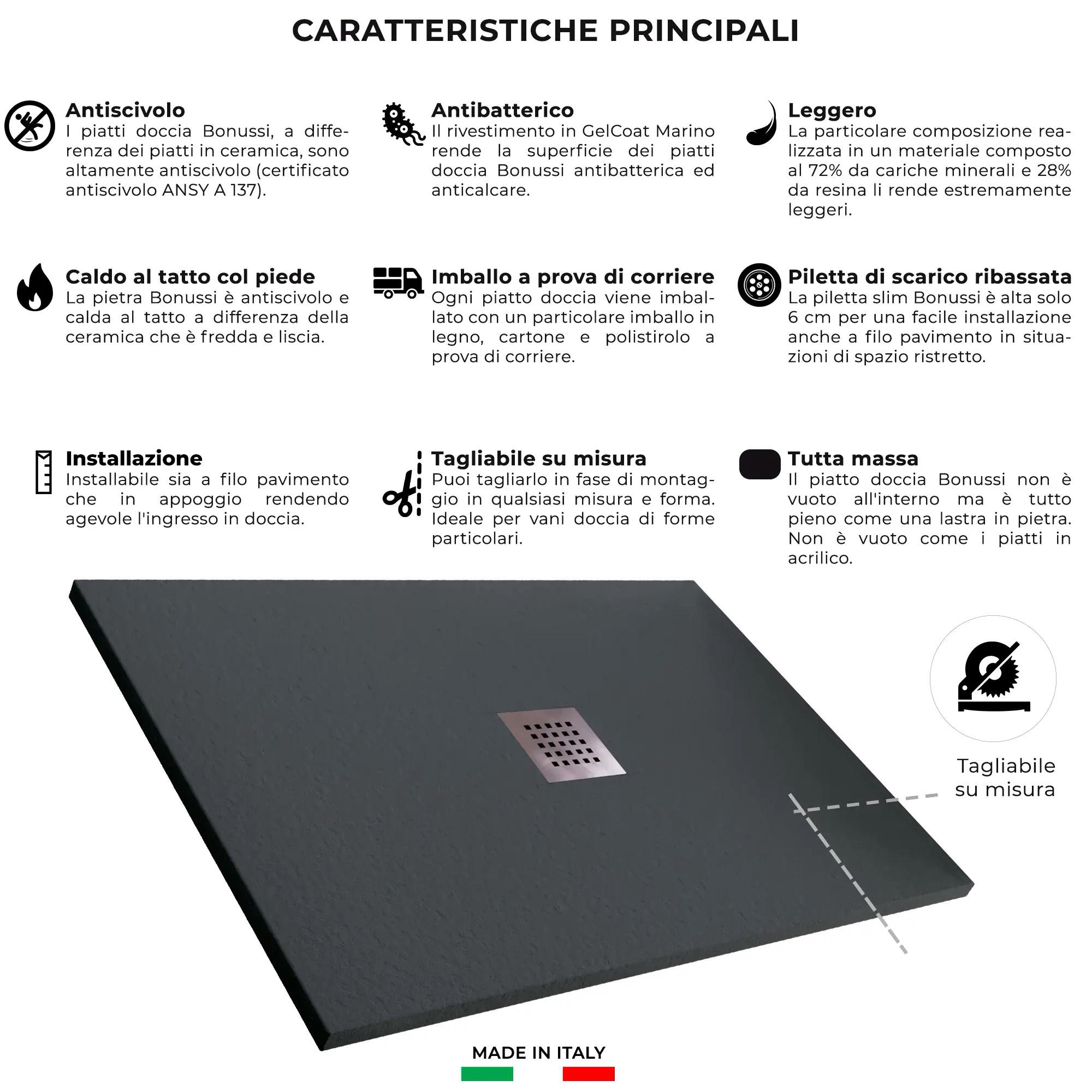 Piatto Doccia in Pietra 70x130 cm Bonussi Ardesia Stone Central Grigio Antracite