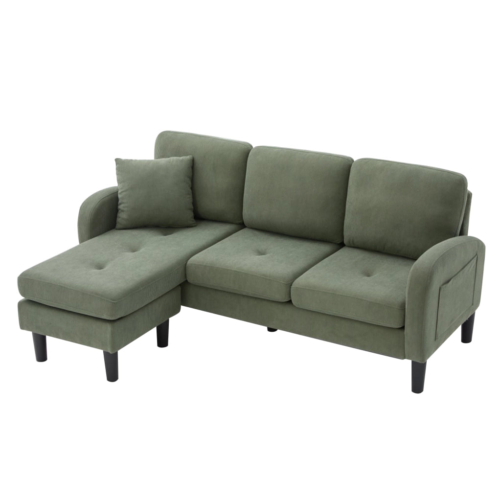 Divano angolare reversibile 3 posti con chaise longue modulare per soggiorno, in corda e schiuma, Verde