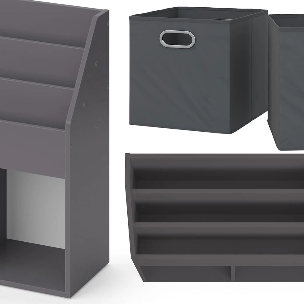 Libreria bambini Luigi, Grigio, 72 x 79 cm con 2 scatole pieghevoli opt.1, combinabile per riporre libri e giocattoli