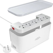 Scatola di copertura per cavi con funzione 8-in-1 per la gestione dei cavi e la copertura dei contatti - 5 prese UK - 3 cavi USB A - 2m di lunghezza - contenitore di archiviazione con box dei cavi bianca - 30 x 14 x 14 cm