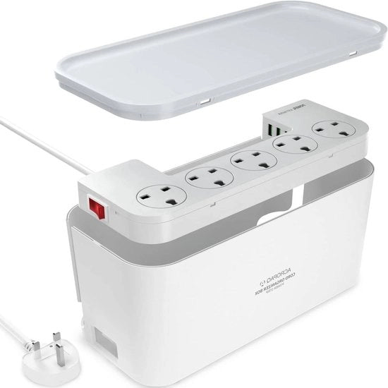 Scatola di copertura per cavi con funzione 8-in-1 per la gestione dei cavi e la copertura dei contatti - 5 prese UK - 3 cavi USB A - 2m di lunghezza - contenitore di archiviazione con box dei cavi bianca - 30 x 14 x 14 cm