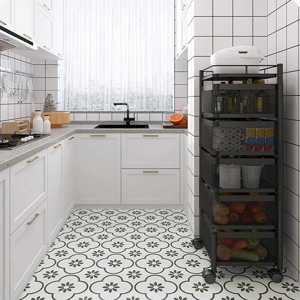 Carrello Trolley Cucina in Metallo 6 Ripiani 26x85 4 Ruote Salvaspazio Nero