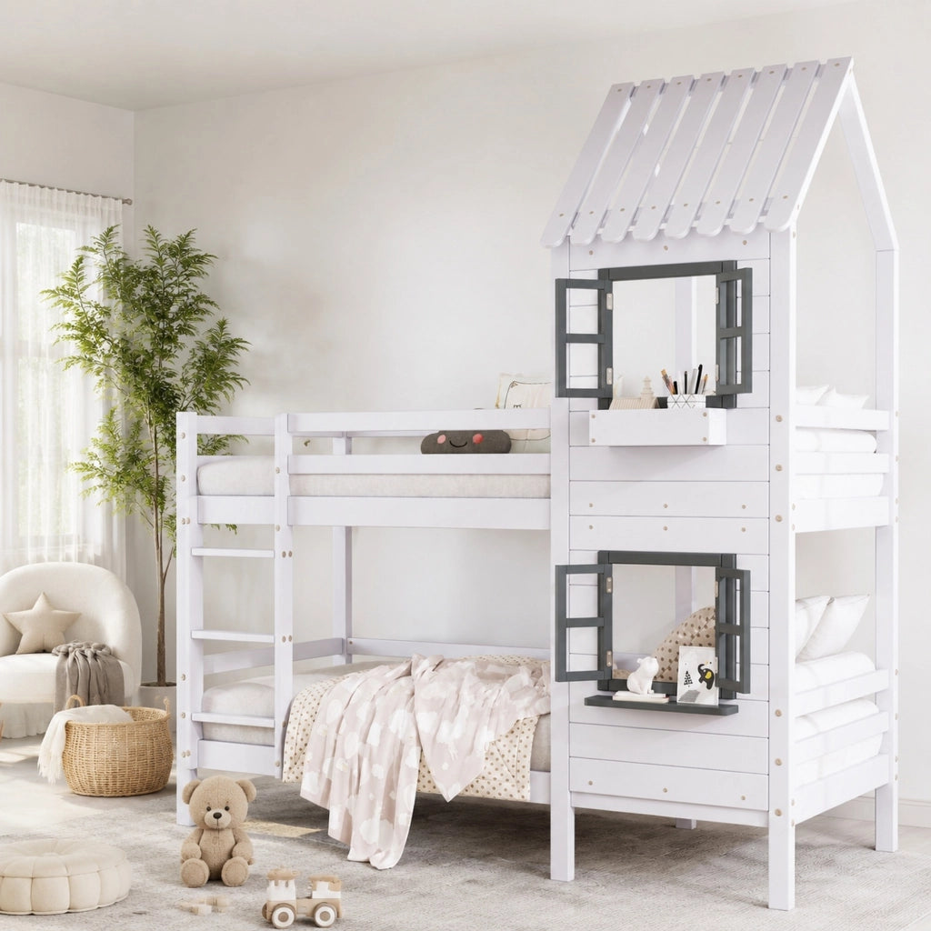 Letto a castello a casetta 90x200 cm bianco e grigio