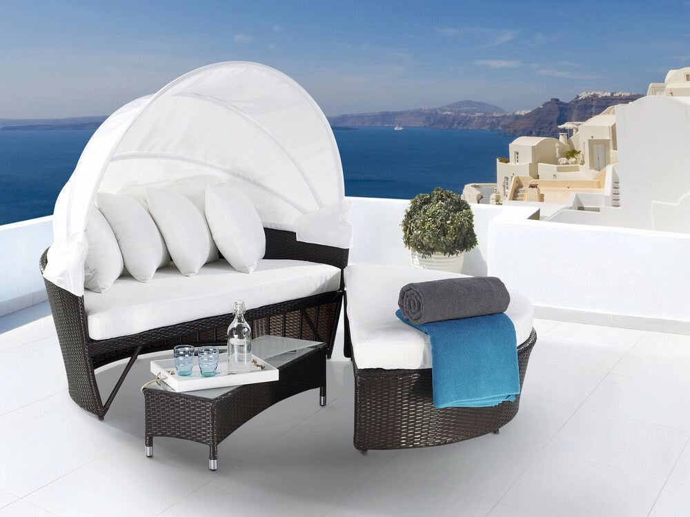 Lettino da giardino in vimini rattan bianco e marrone con cuscini Tavolino da caffè resistente agli agenti atmosferici