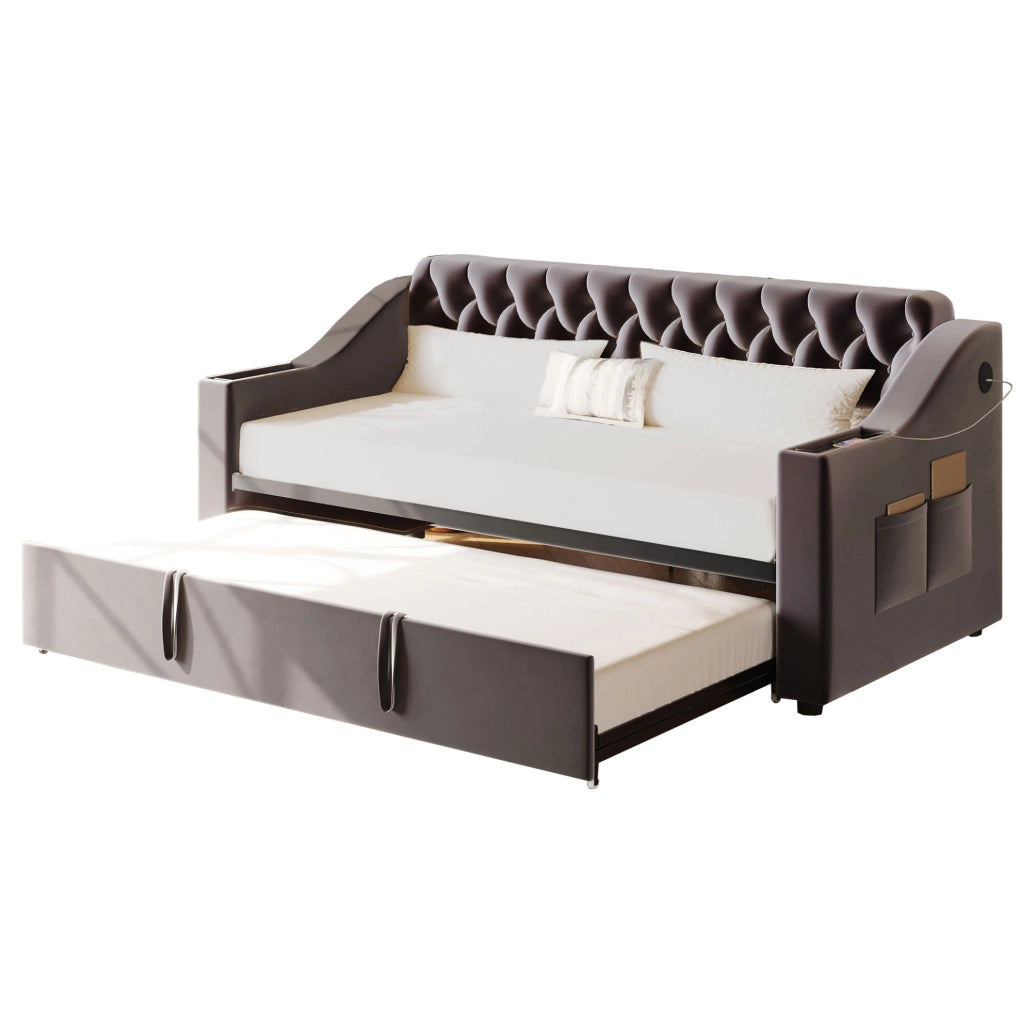 Divano letto imbottito in velluto con USB, contenitori nei braccioli, grigio