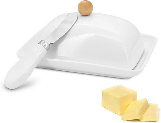 Vasetto di burro in ceramica con coperchio e coltello - Bricco di burro con manico - Scodella di porcellana per burro - Adatto per tutti i tipi di burro (250 g)