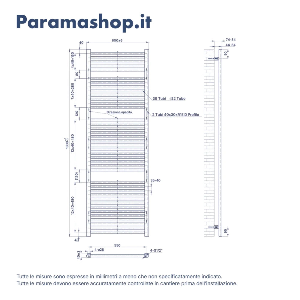 Termoarredo idraulico 1800x600 oro rosa interasse 550 | Polaris