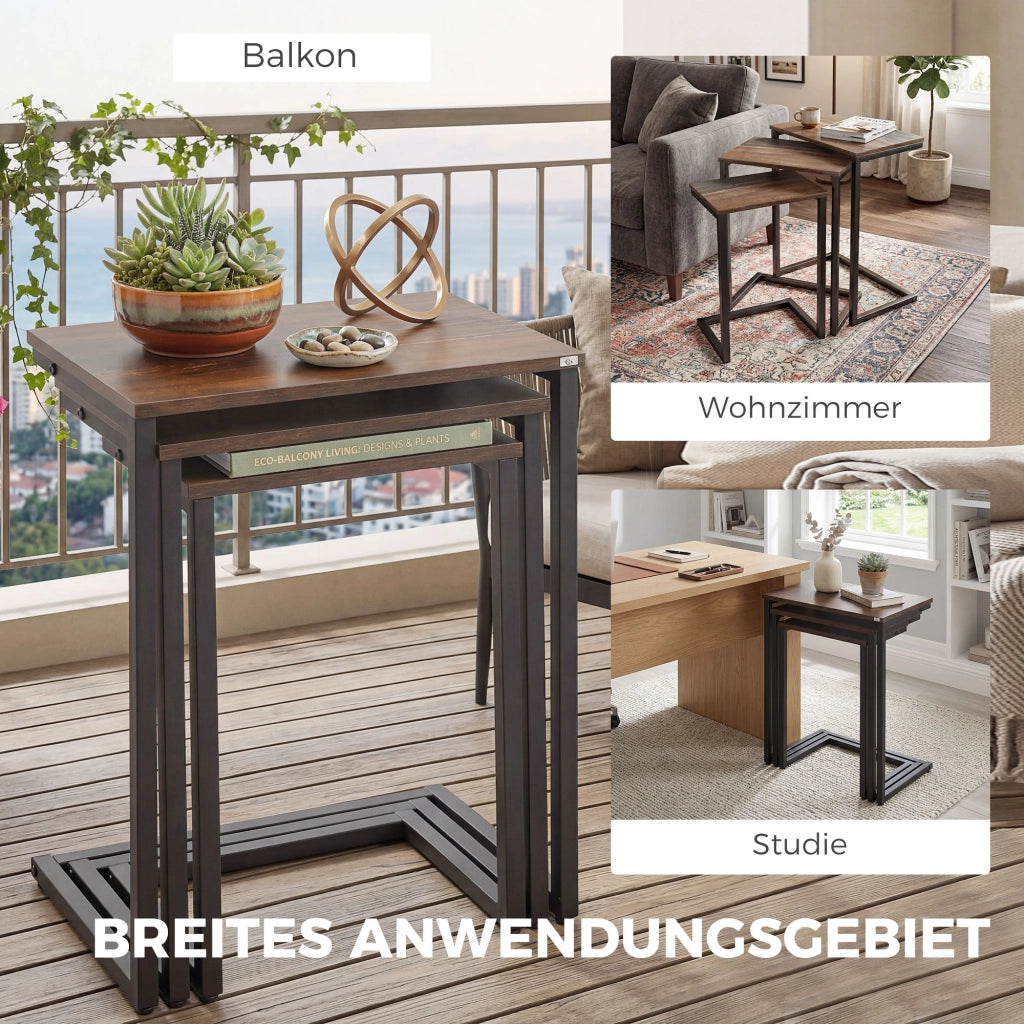 Set 3 Tavolini Impilabili ¨C Xylo ¨C Stile Industrial Legno Marrone e Metallo Nero 45x30x60 cm