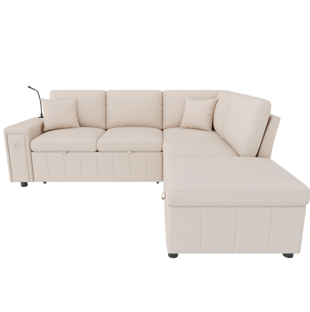 Divano angolare L convertibile con letto; pouf contenitore e lampada LED; 213x184x88 cm; beige in lino