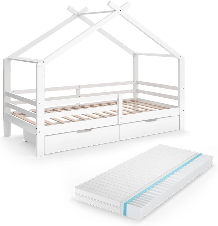 Letto montessori bambini Luni, Bianco, 200 x 90 cm con letto per ospiti, come una piccola casa per un'atmosfera calda
