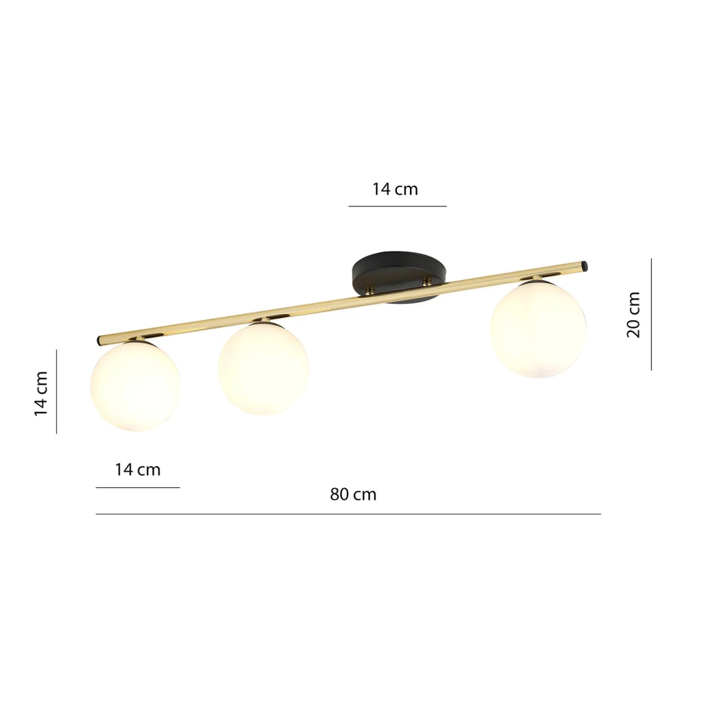 Plafoniera Contemporanea 3 Luci Achille In Acciaio Oro Nero E Sfere Vetro Bianco