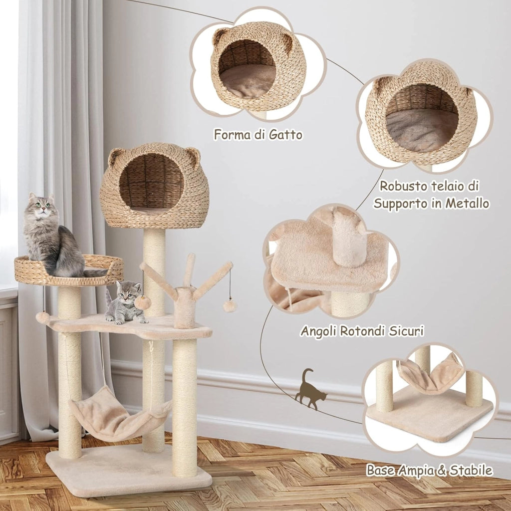 Tiragraffi per Gatti Adulti, Albero Tiragraffi con Cuccia, Piattaforma, Cuscini e Tiragraffi, Torre per Animali Domestici in Legno, 49,5 x 49,5 x 121 cm