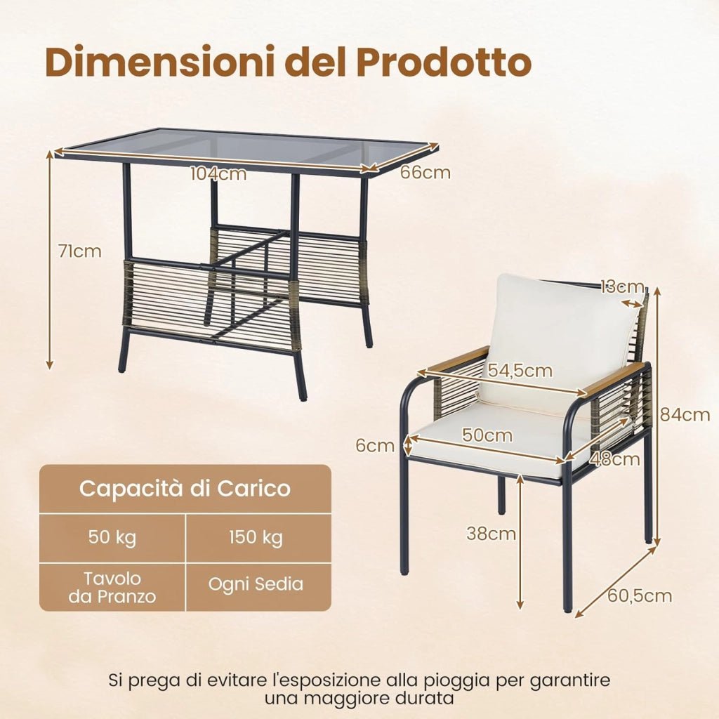 Set Salottino da Giardino in Vimini, Set di Mobili da 3 Pezzi per Esterno Salvaspazio con Cuscini, Tavolo Rettangolare e Sedie in Rattan per Balcone, Veranda, Giardino e Cortile (Beige)