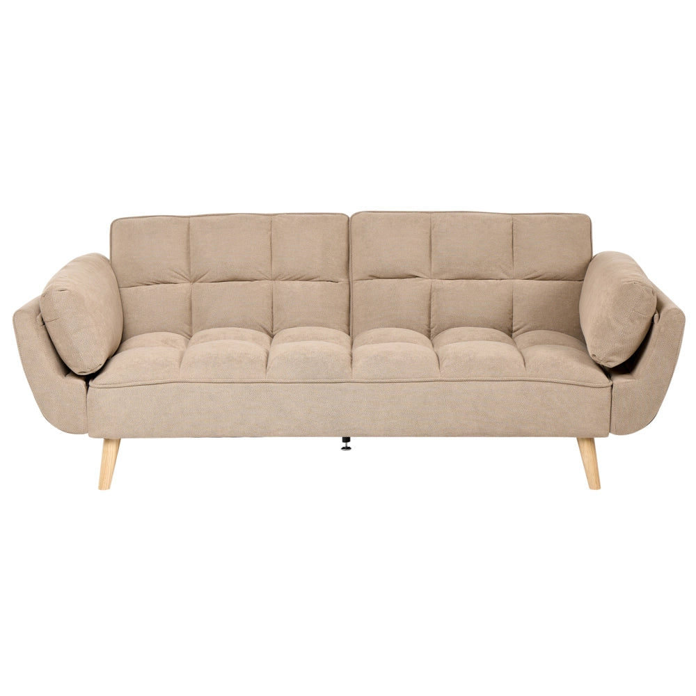 Divano Letto 3 Posti in Tessuto Marrone Chiaro con Gambe in Legno Imbottitura in Schiuma Schienale Diviso e Imbottitura Biscuit Idrorepellente