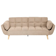 Divano Letto 3 Posti in Tessuto Marrone Chiaro con Gambe in Legno Imbottitura in Schiuma Schienale Diviso e Imbottitura Biscuit Idrorepellente