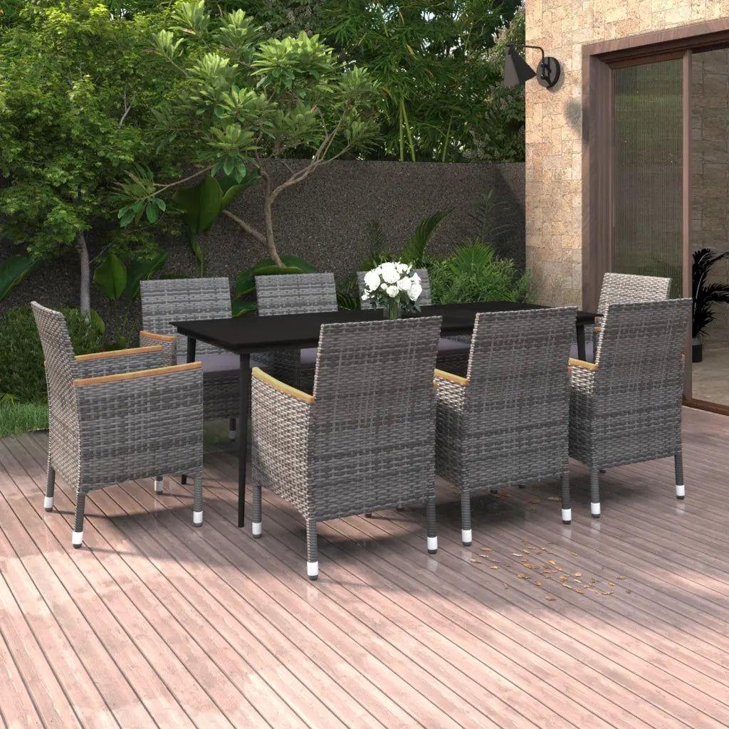 Set da Pranzo per Giardino 9 pz con Cuscini Polyrattan e Vetro 3099792