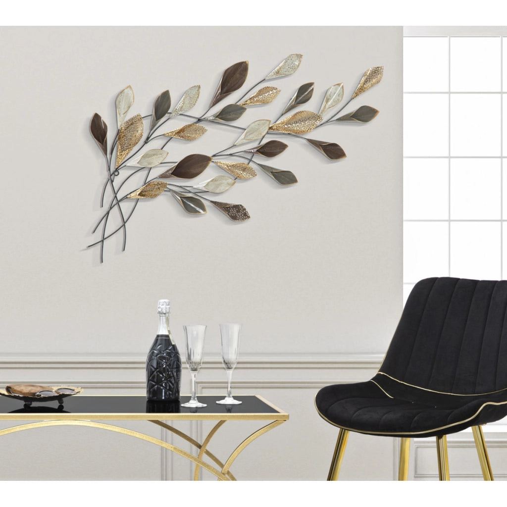 Pannello decorativo da parete Ramo a foglie in ferro marrone, oro e crema 46x87 cm