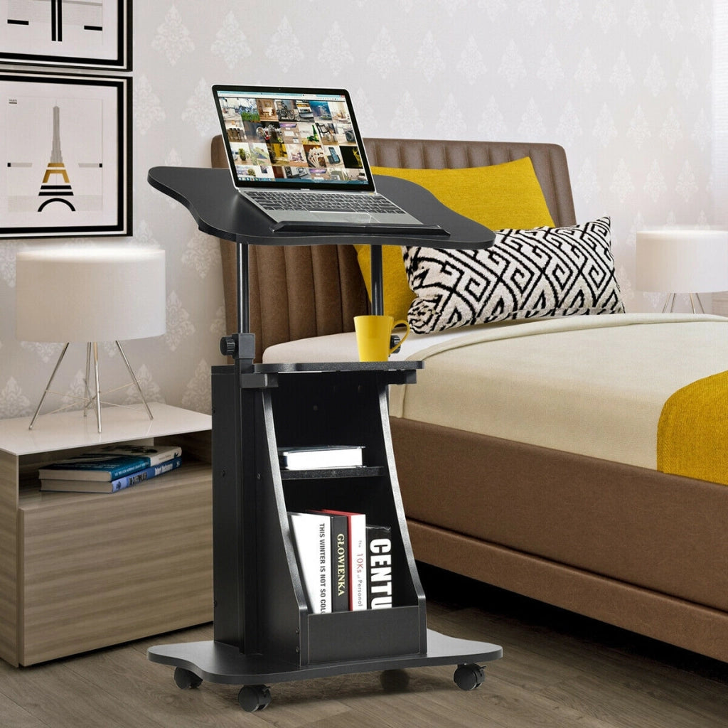 Carrello porta computer regolabile in altezza, Tavolo porta pc con superficie girevole da casa e ufficio con ruote, Nero-Tavolini per laptop