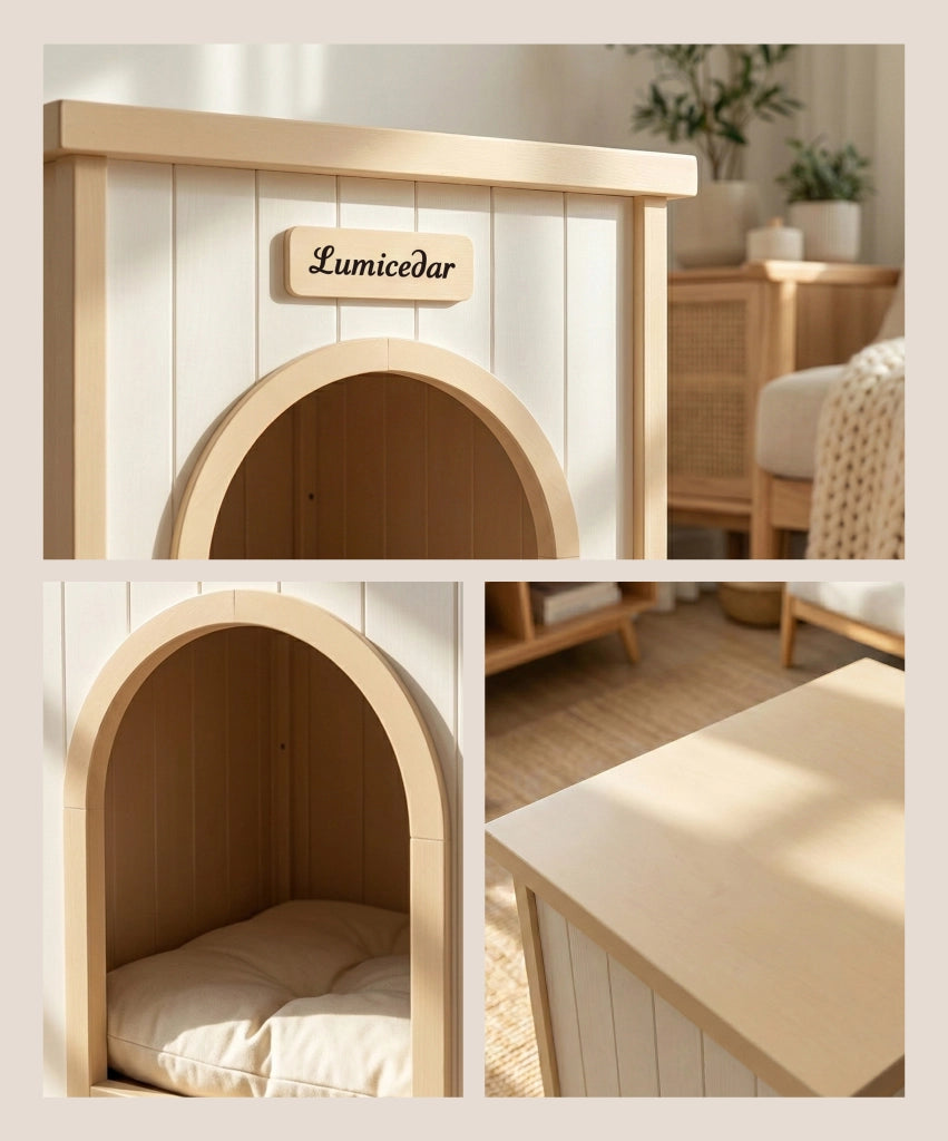 Cuccia Arredo per Cane o Gatto 53×51;6×60 cm con Piano Superiore e Cuscino Lavabile; Bianco Crema