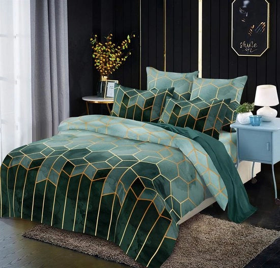 Set di coperte da letto stile moderno con disegno geometrico in verde scuro - 3 pezzi, microfibra, 200 x 200 cm
